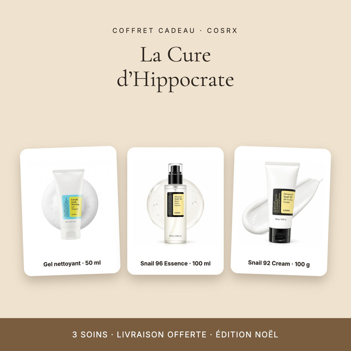 Coffret cadeau COSRX La Cure d’Hippocrate – gel nettoyant, Snail 96 Essence et Snail 92 Cream