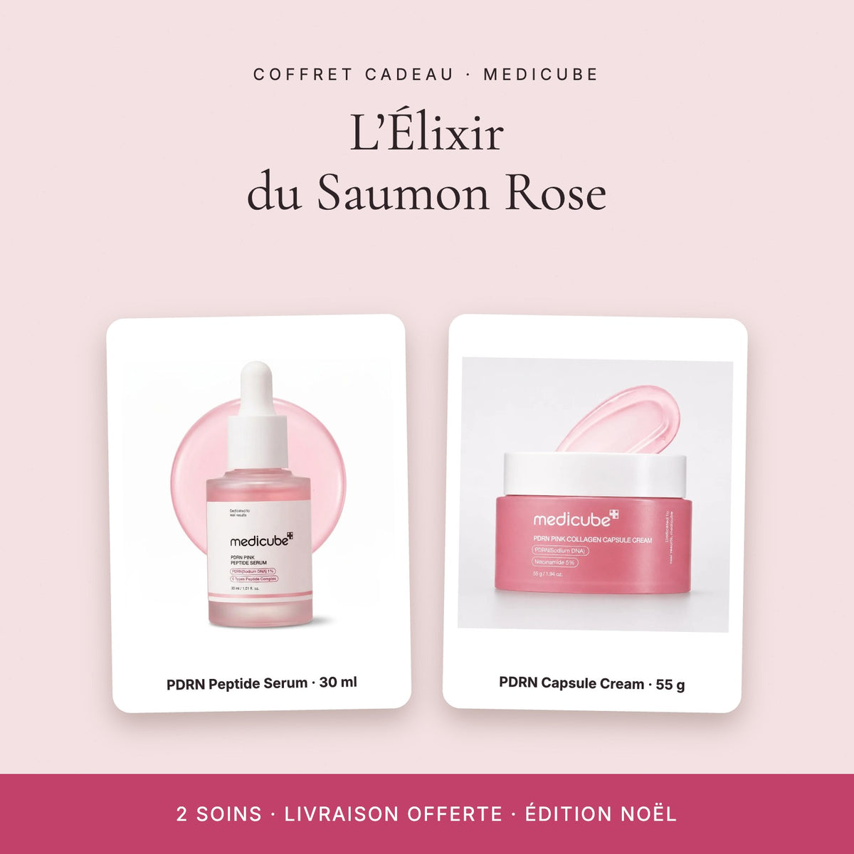 Coffret cadeau Medicube L’Élixir du Saumon Rose – PDRN Peptide Serum et Capsule Cream