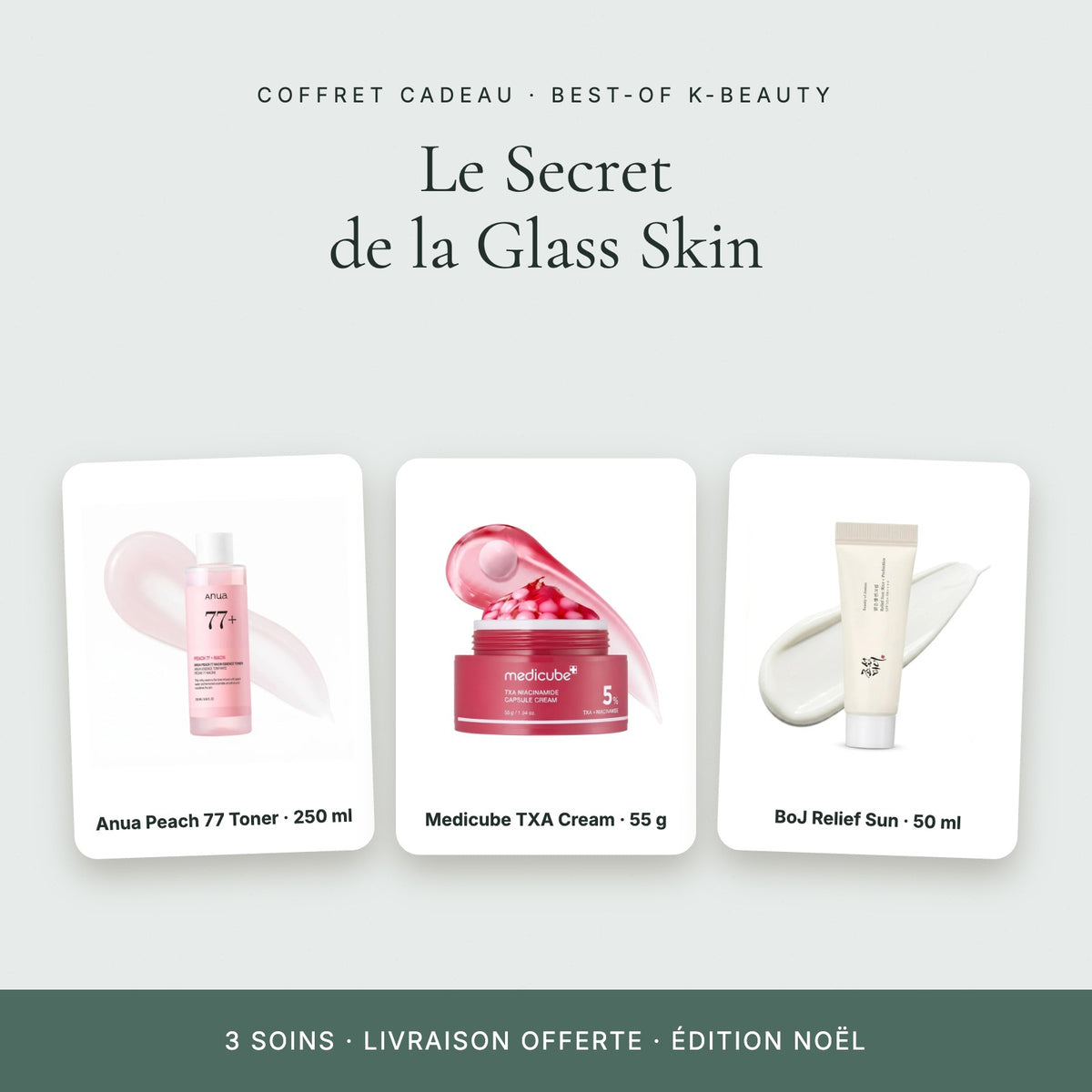 Coffret cadeau Le Secret de la Glass Skin – Anua Peach 77 Toner, Medicube TXA Cream, Beauty of Joseon Relief Sun