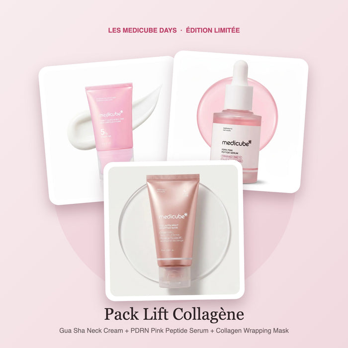 Pack Lift Collagène Medicube : Gua Sha Neck Cream, PDRN Pink Peptide Serum et Collagen Wrapping Mask